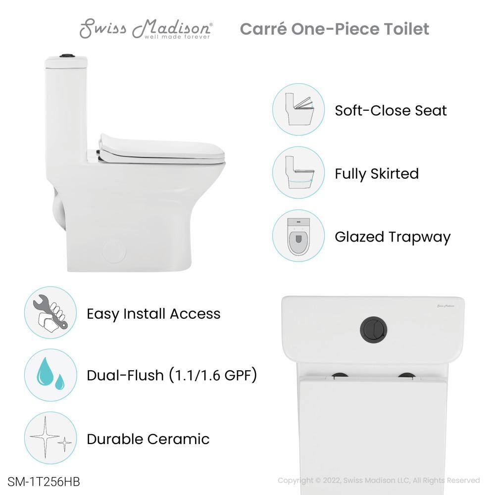 Swiss Madison Carre 1-piece 1.11.6 GPF Dual Flush Square Toilet in Glossy White with Black Hardware Seat Included SM-1T256HB