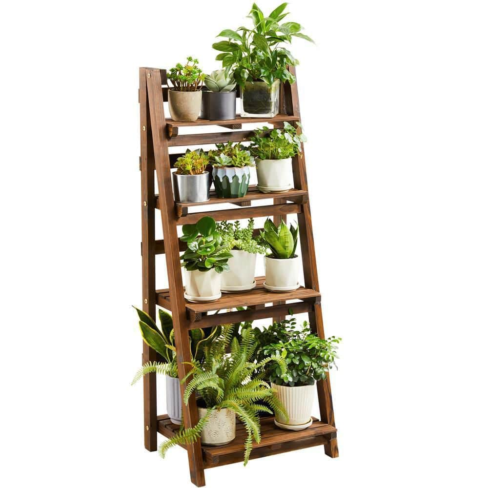 Yaheetech 42.5 in. H Foldable Wooden Flower Stand Shelf Ladder Stand， Indoor/Outdoor (4-Tier) DYamks0001