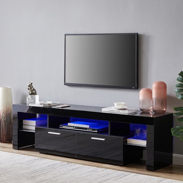 63'' RGB LED High Glossy TV Stand Cabinet with 2 Tie-Rod Drawerand 2 Glass Shelf