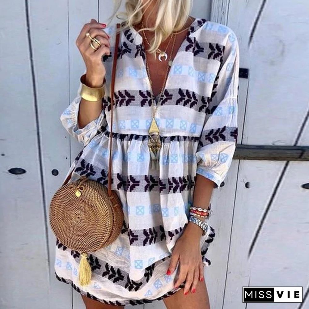 Women Casual Printed Three Quarter Sleeve Autumn Sexy V-neck Mini Party Vintage Plus Size Dresses