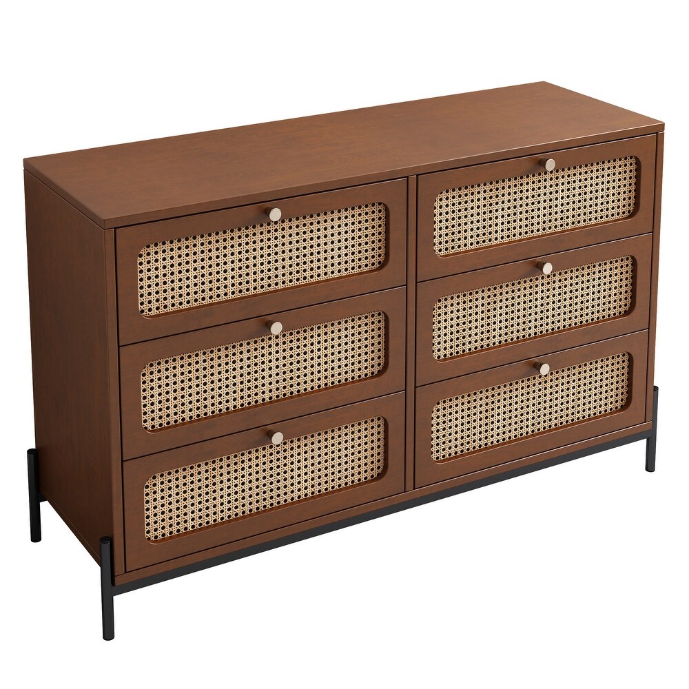 Modern Cannage Rattan Wood Closet 6 Drawer Dresser for Bedroom