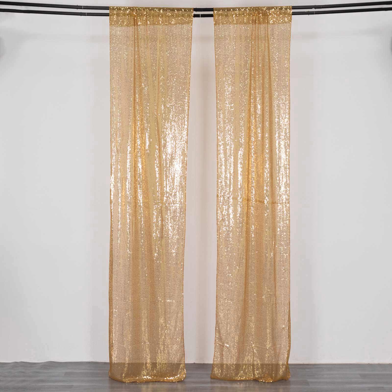 2 Pack Gold Sequin Backdrop Drape Curtains with Rod Pockets, Seamless Glitter Mesh Photo Booth Event Divider Panels - 8ftx2ft