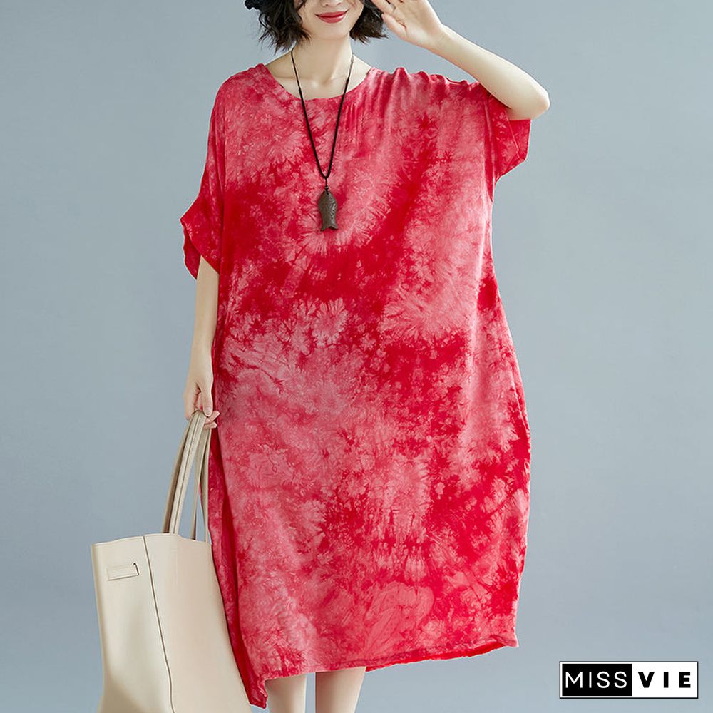 baggy red linen dresses oversize O neck floral linen gown Elegant short sleeve baggy dresses linen caftans