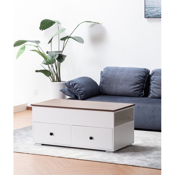 Luna White Coffee Table with Brown Walnut Finish Lift Top， 2 Drawers， and 2 Shelves