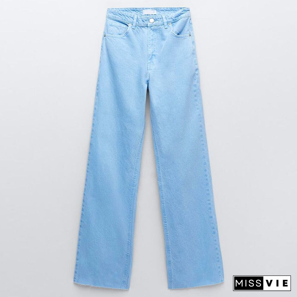 Spring Autumn Women Vintage Blue Pink Denim Trousers Casual Solid Pockets High Waist Straight Jeans Pants Ladies Mujer