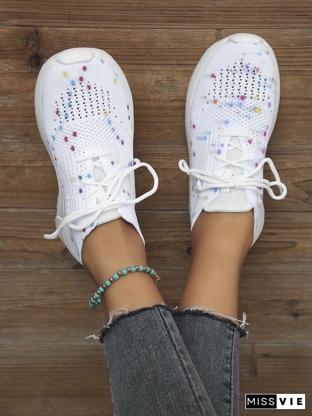 Multicolored Polka Dot Print White Flyknit Sneakers