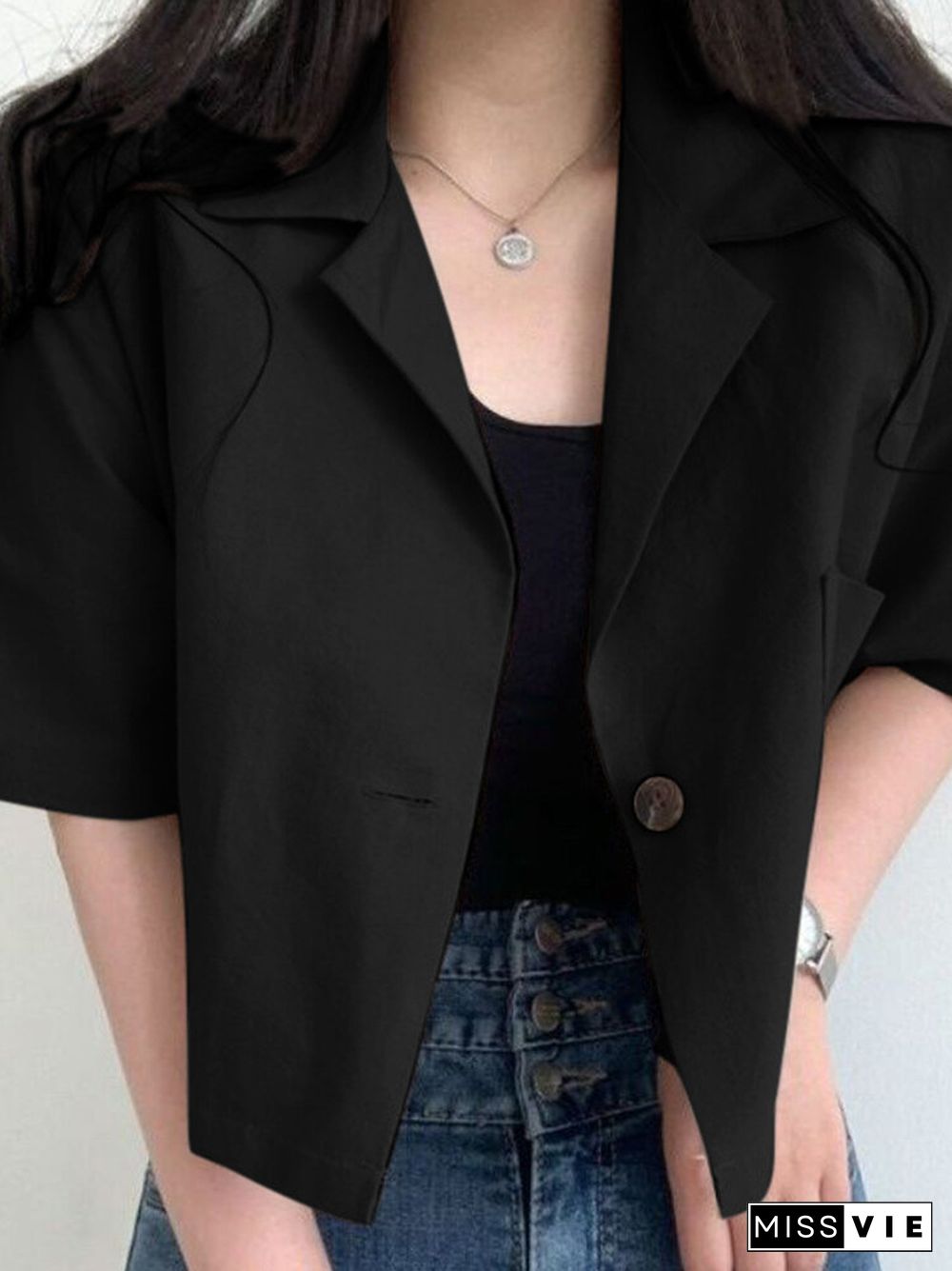 Solid Button Front Pocket Lapel Half Sleeve Casual Blazer