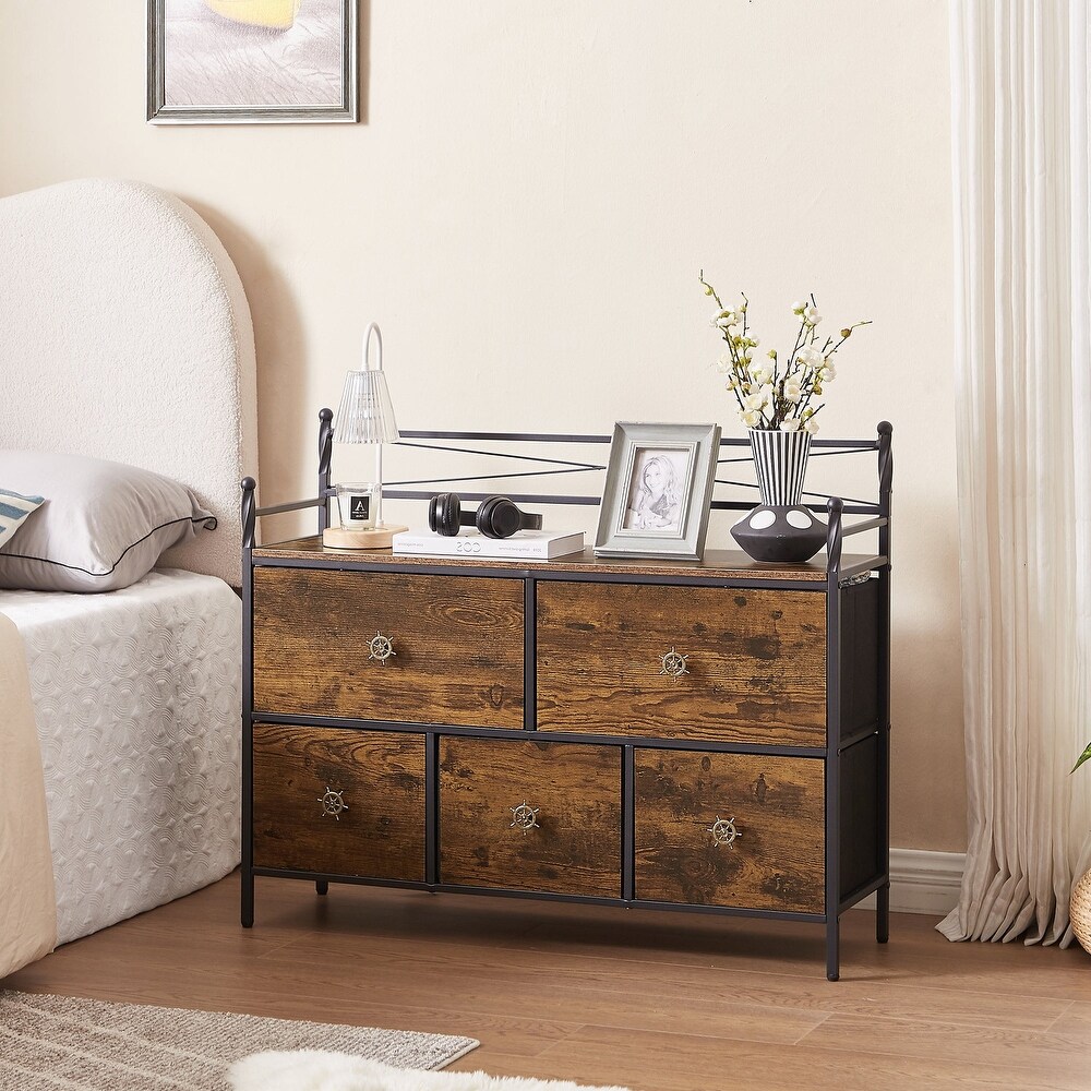 Wooden Dresser w/ 5 Drawers Furniture Storage Chest for Bedroom  Living Room