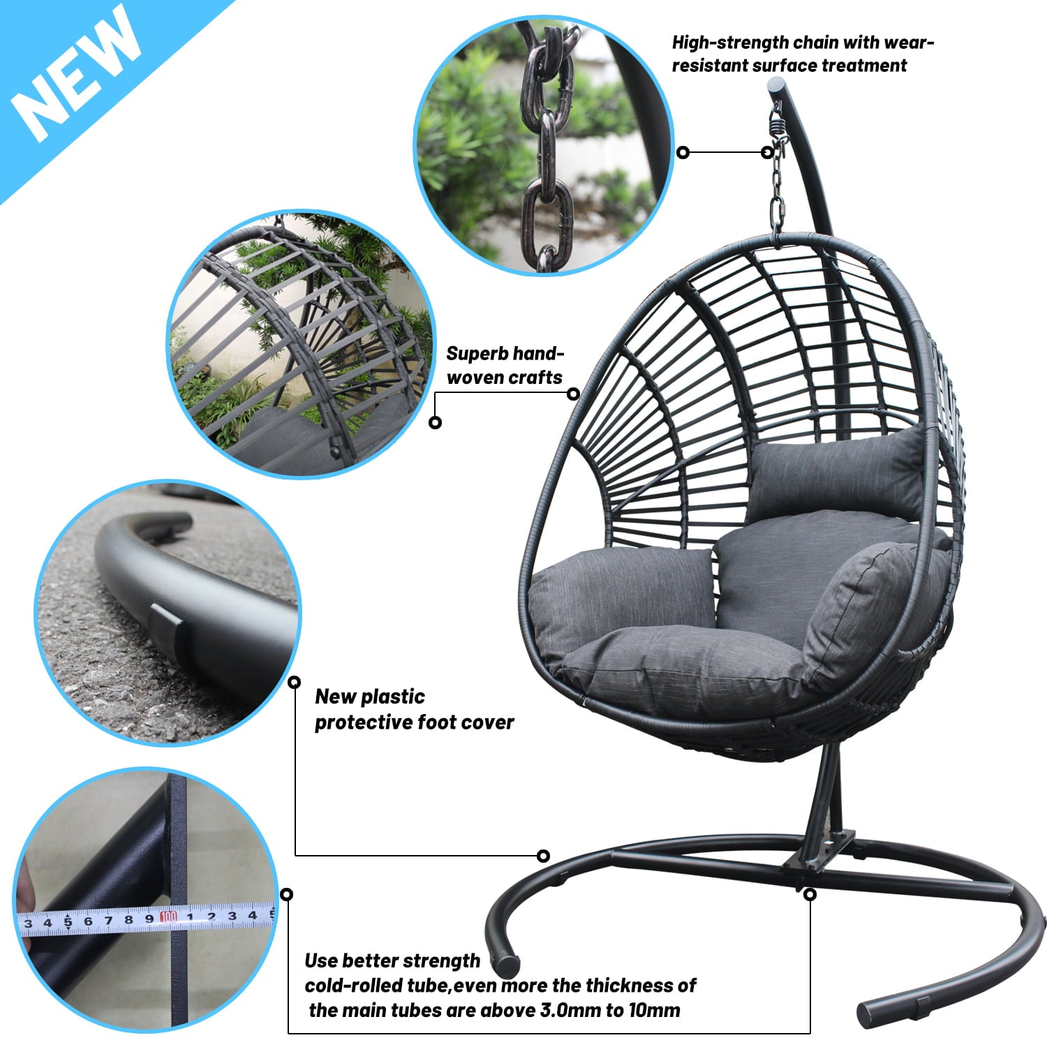 Nestfair Outdoor Indoor Black Wicker Swing Egg Chair with Antracite Cushion