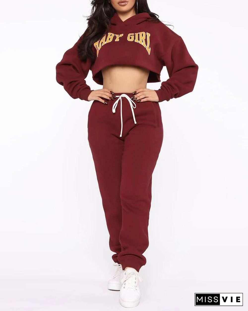 Letter Print Hooded Crop Top & Drawstring Pants Set P13220