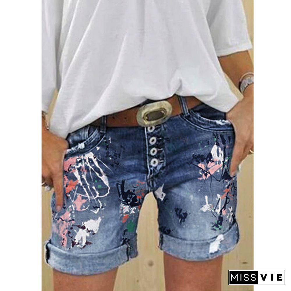 Brand New Plus Size Women's Denim Shorts Washed Printed Jeans Summer Denim Shorts