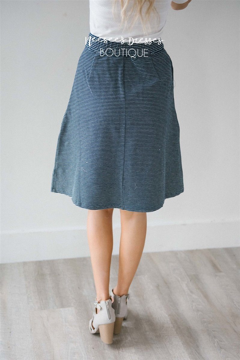 Navy Striped Aline Pocket Skirt