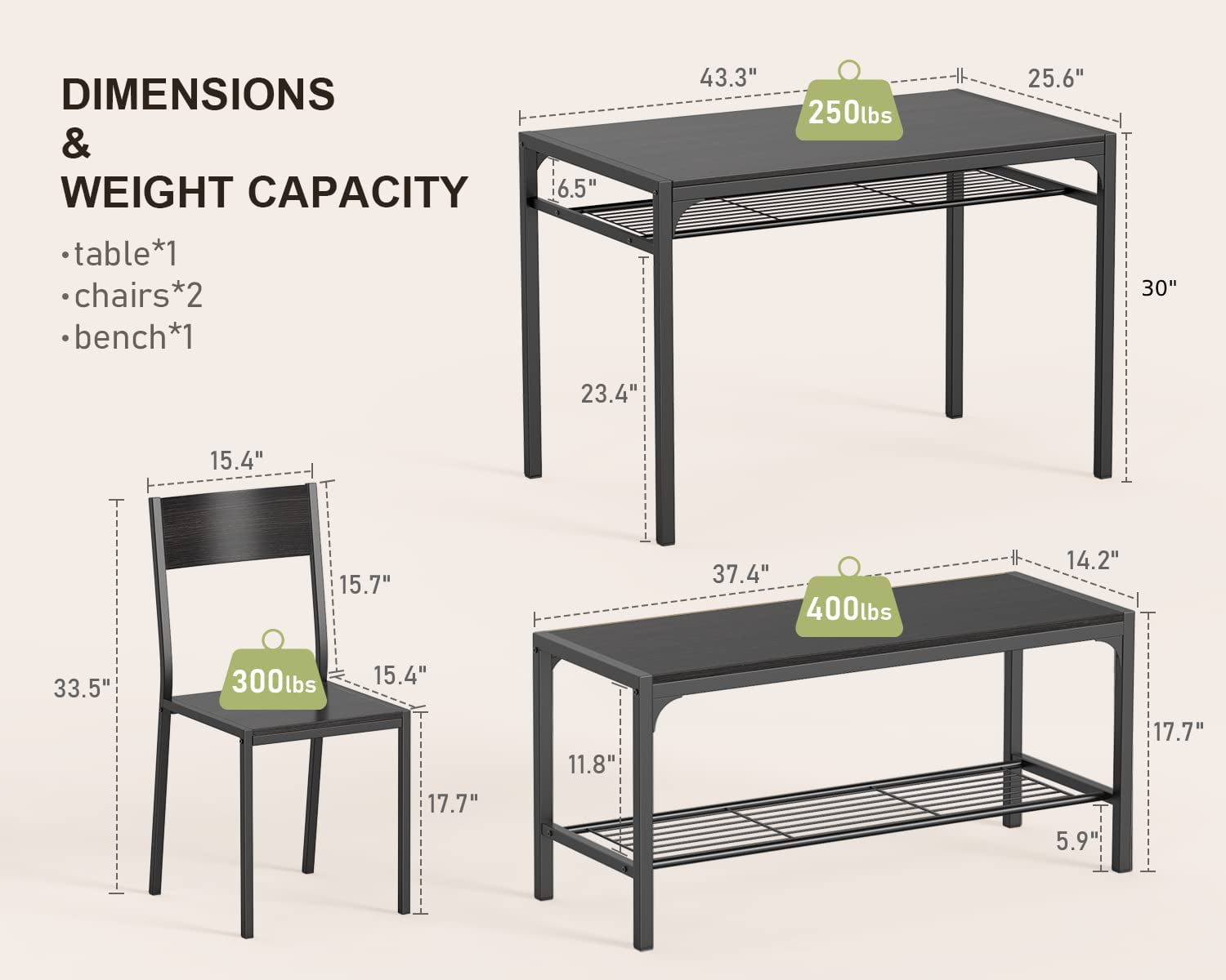 Aiho 4 Piece Kitchen Table with 2 Chairs and Bench for Dining Room, Black