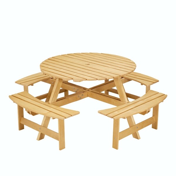 Outdoor 8 Person Round Picnic Table with Bench，Umbrella Hole for Garden，Backyard，Porch，Patio