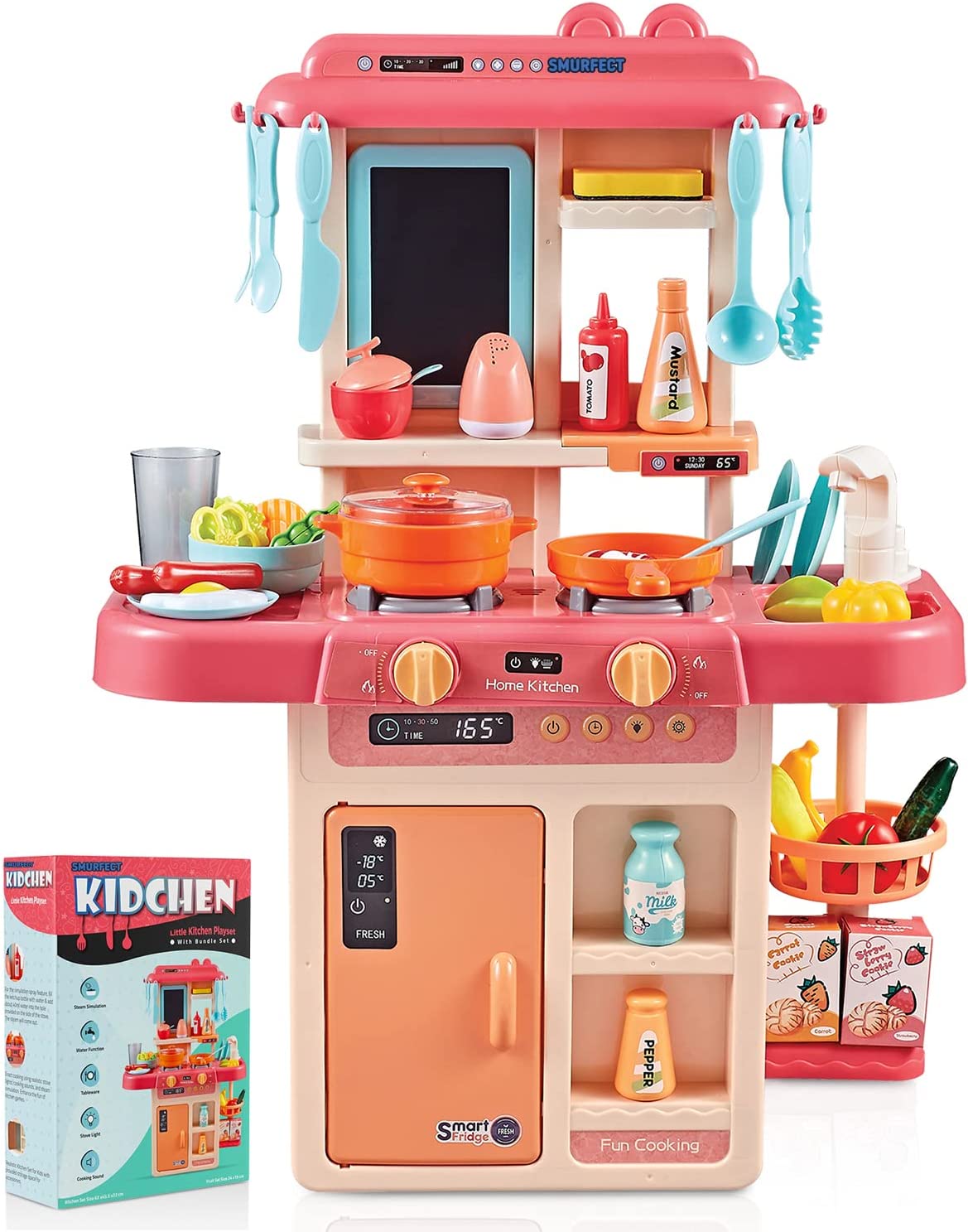 Surefect - Kitchen Play Set with Accessories- Mini Kitchen Set with Realistic Light Sound Steam Simulation- Indoor Games Kitchen Cooking Playset with Water Outlet- Toys for Toddlers Children and Girls