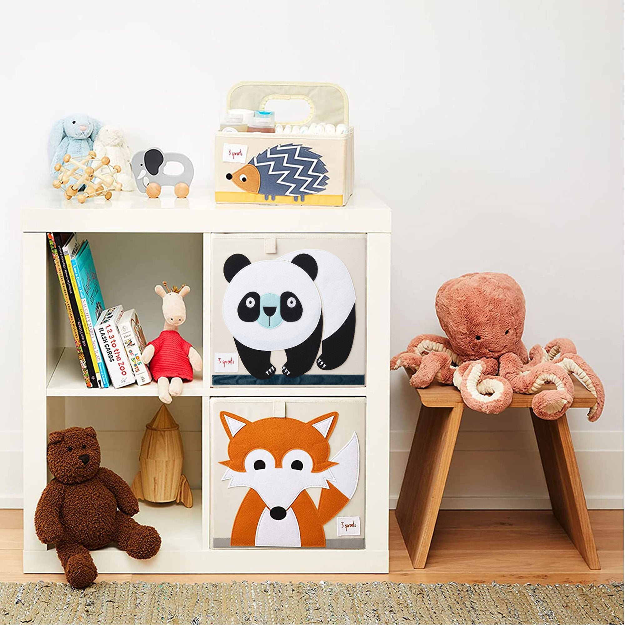 3 Sprouts Kids Foldable Fabric Storage Cube Bin Box, Orange Fox & Bear (2 Pack)