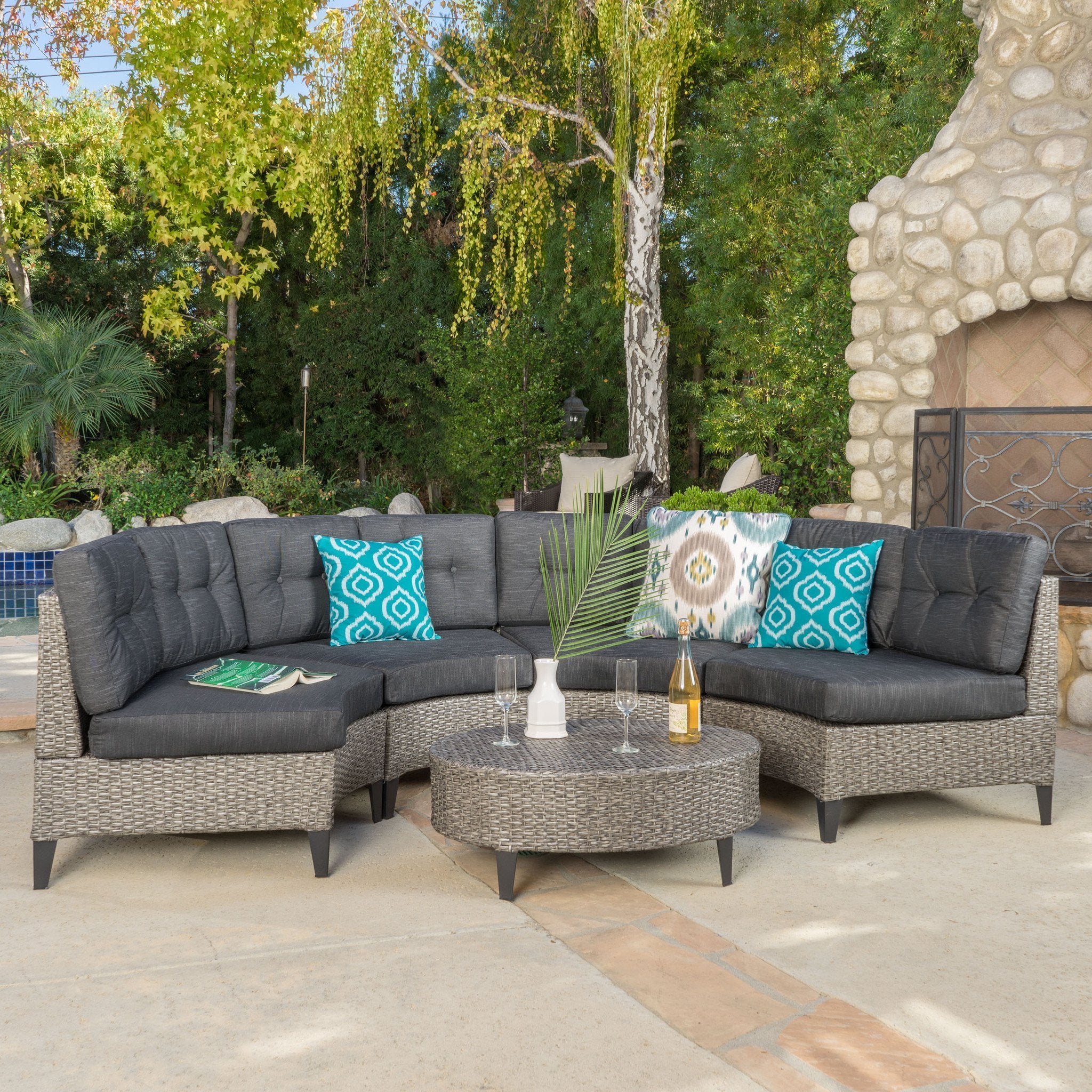 Currituck 5pc Outdoor Wicker Semi Circular Sectional