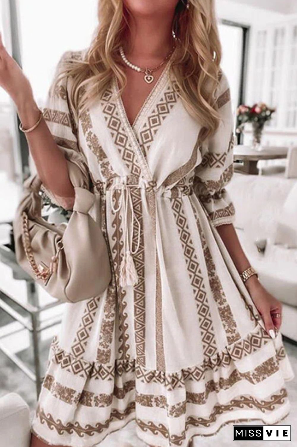 Casual Print Patchwork V Neck Waist Skirt Dresses