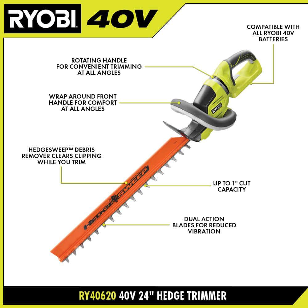 RYOBI 40V 24 in Cordless Battery Hedge Trimmer with 20 Ah Battery and Charger