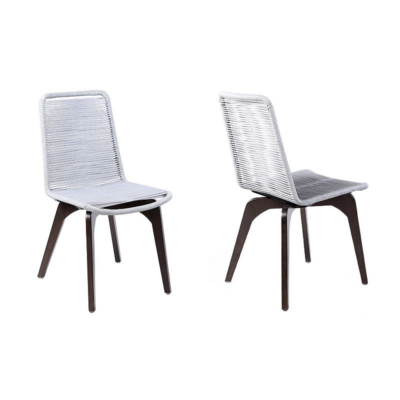 Wooden Outdoor Dining Chair with Fishbone Weave， Set of 2， Dark Brown