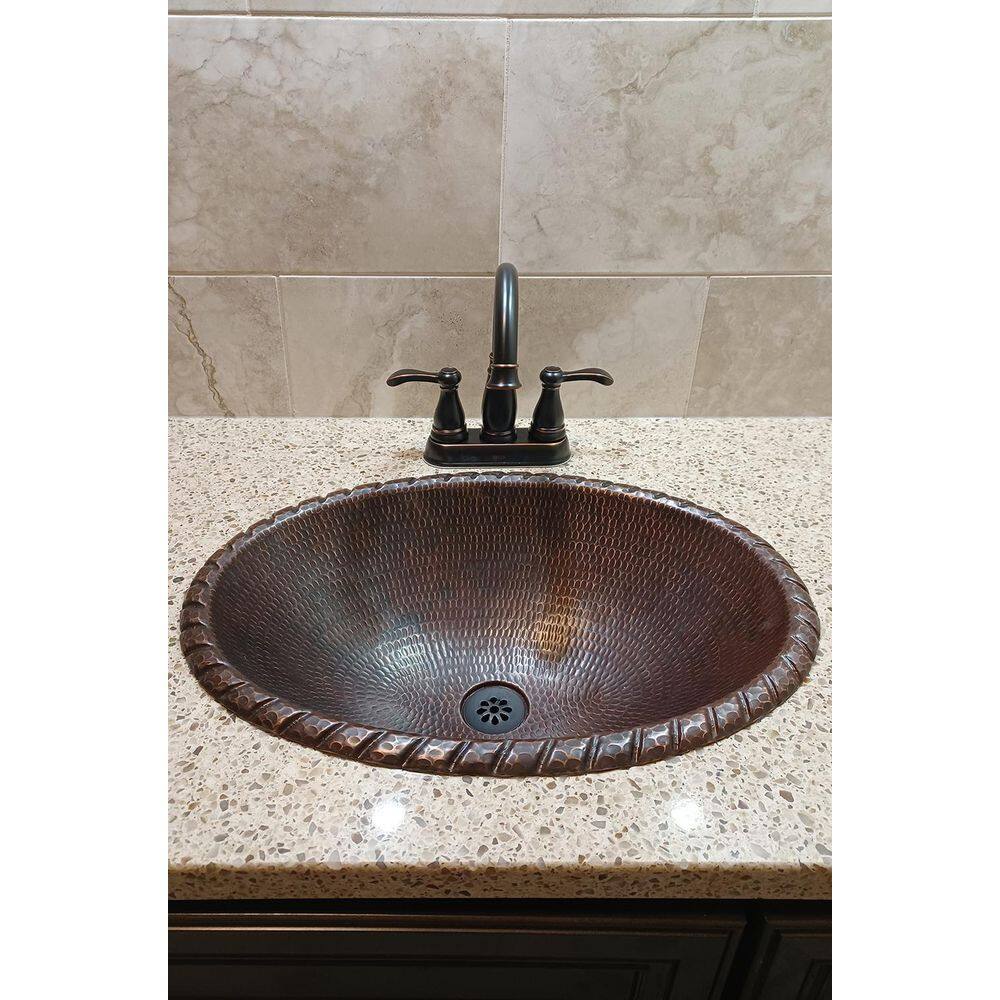 Premier Copper Products Self-Rimming Oval Roped Rim Hammered Copper Bathroom Sink in Oil Rubbed Bronze LO19RRDB