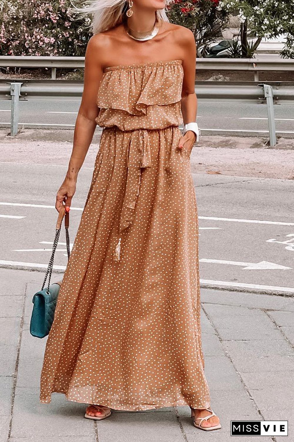 Spot Print Strapless Bandeau Drawstring Maxi Dress