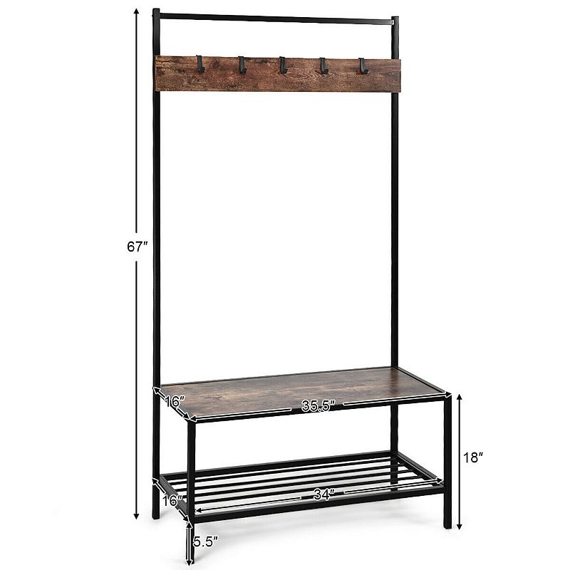 3-in-1 Industrial Coat Rack with 2-tier Storage Bench and 5 Hooks