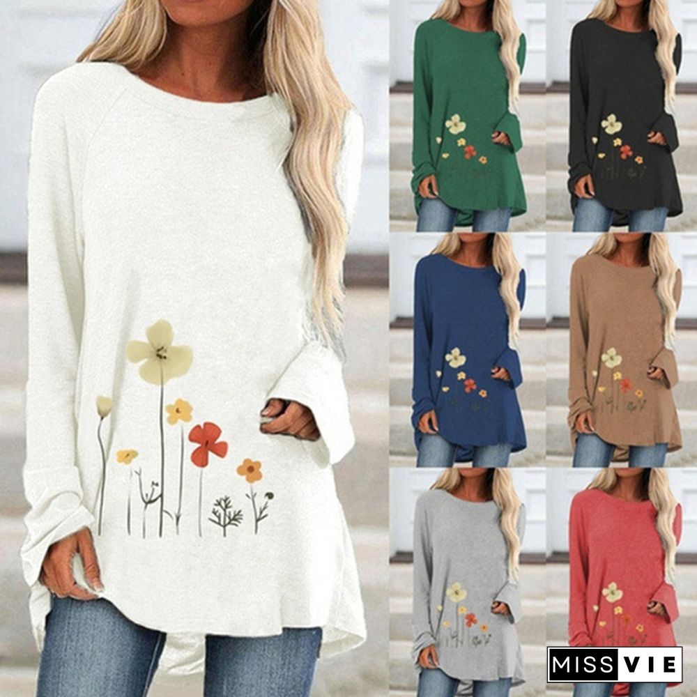 Spring and Autumn Plus Size Fashion Women Clothing Flowers Printed Casual T-shirt Ladies Long Sleeve Round Neck Pullover Tops