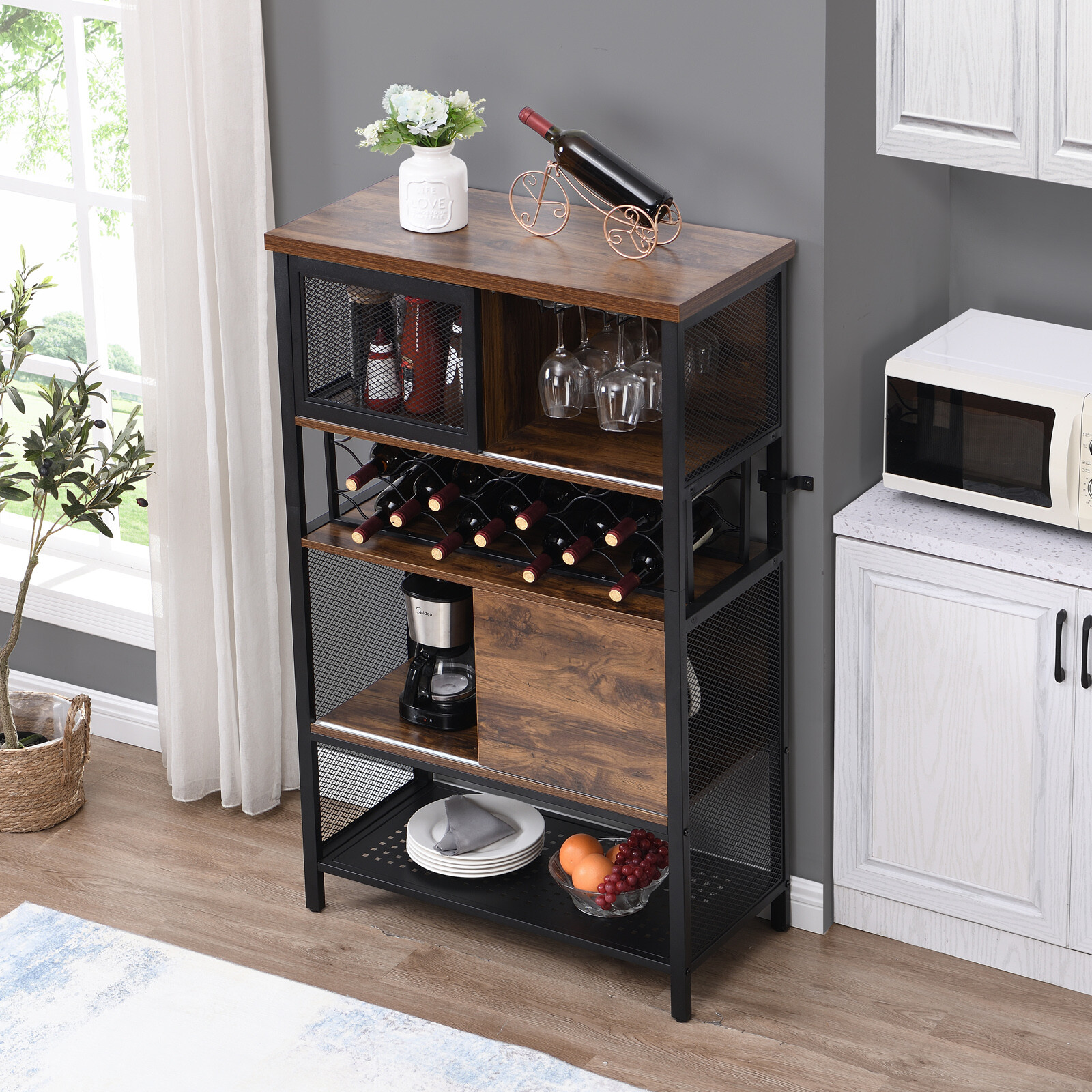 KALEFU Industrial Bar Cabinet with Wine Rack for Liquor and Glasses， Wood and Metal Cabinet for Home Kitchen Storage Cabinet