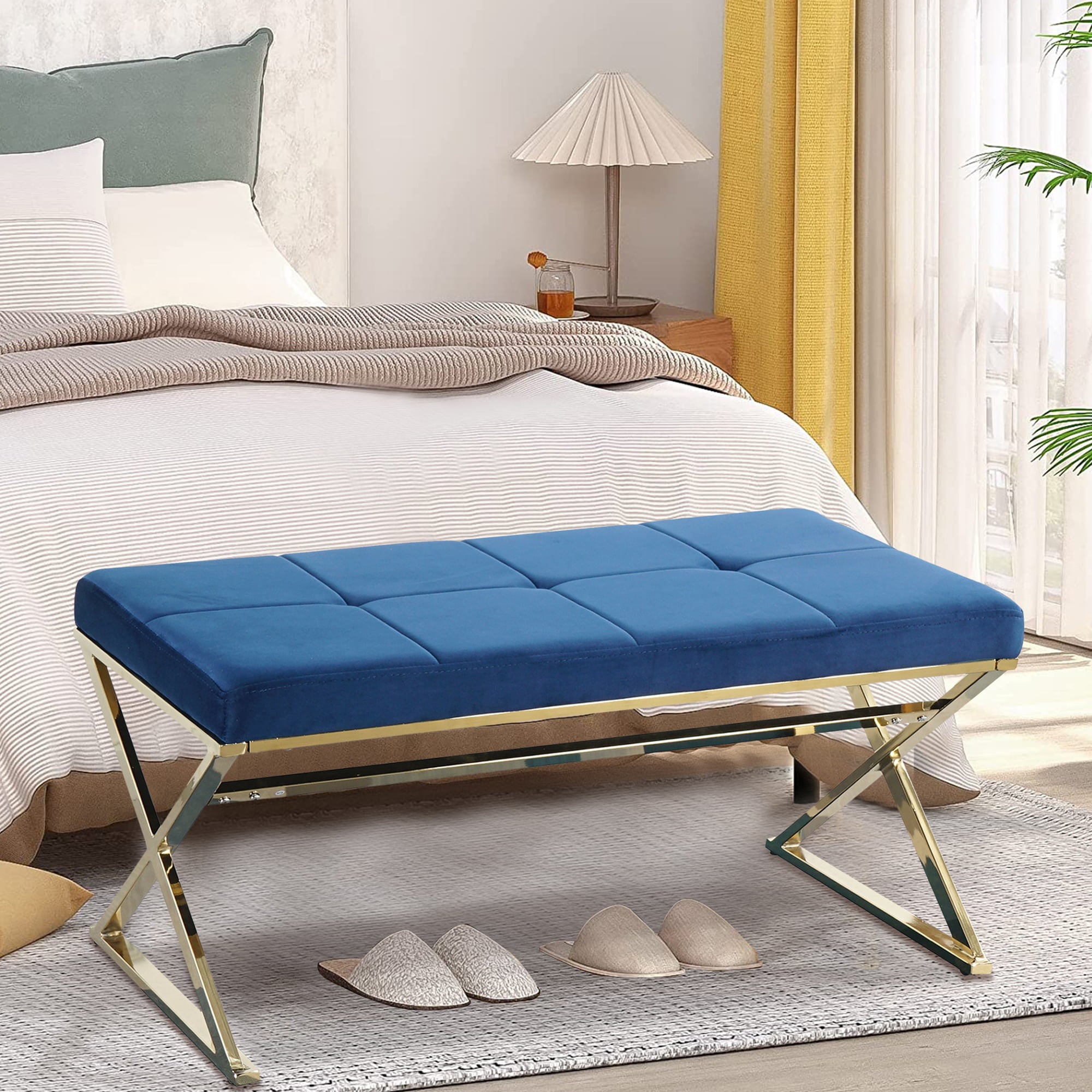 Mid-Century Modern Ottoman Bench with Padded Seat and Gold Metal Legs, Upholstered Entryway Bench Shoe Bench, Velvet Fabric End of Bed Bench for Bedroom Living Room Hallway More, Blue