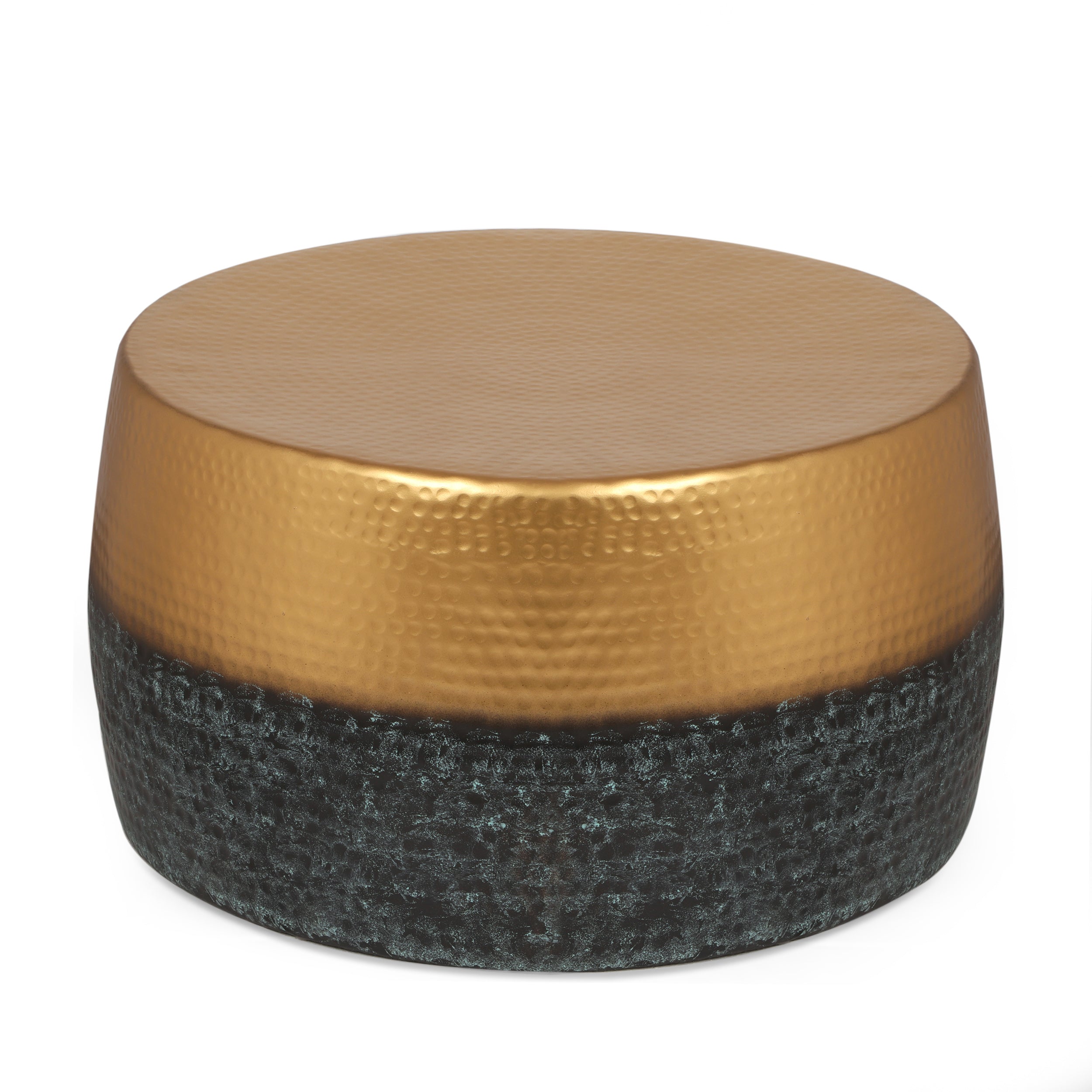 Mostad Modern Handcrafted Two-Toned Aluminum Drum Coffee Table, Brass and Patina Blue