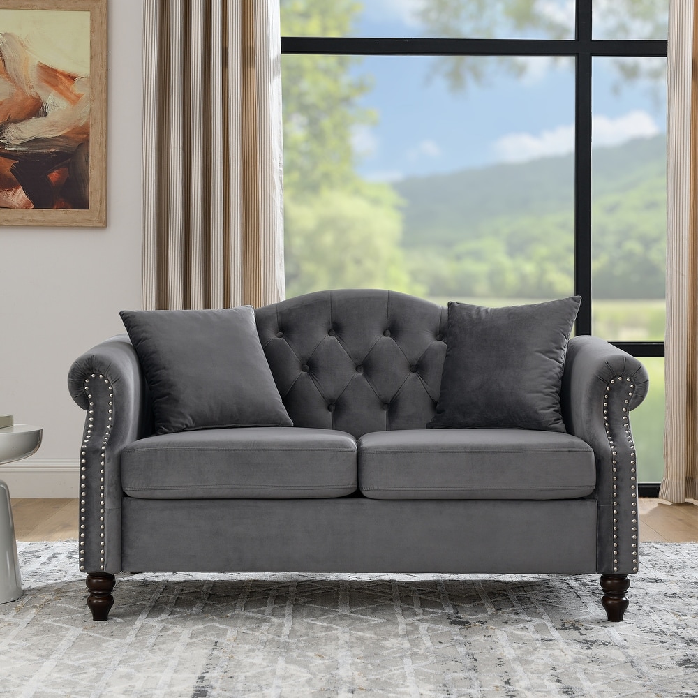 Classic Chesterfield Velvet Sofa Set with Pillows (3 Seater + Loveseat)