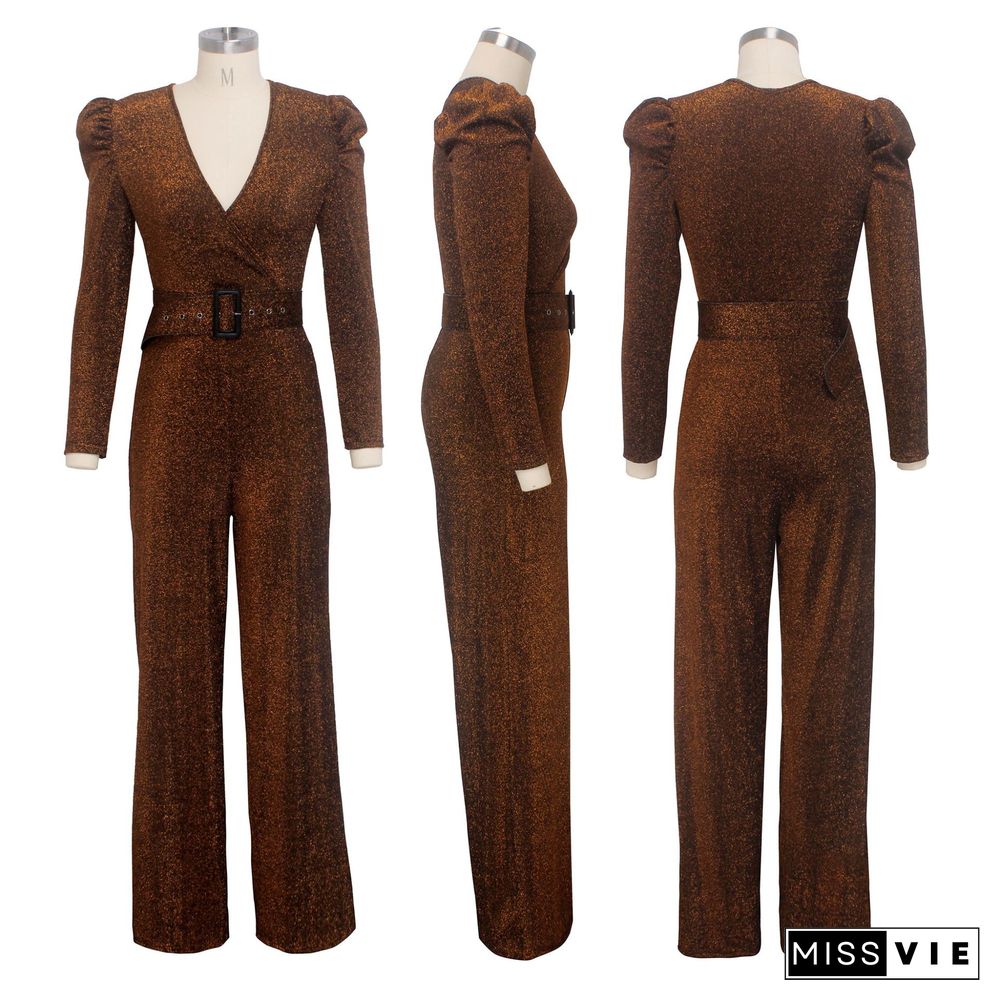 Sexy V-neck Full Sleeve Straight-legs Jumpsuit (with Belt)