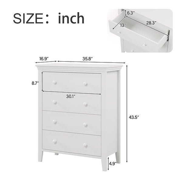 4-Drawer Dresser， White Wooden Chest with Round Handle， Tall Storage Cabinet for Bedroom Living Room， Entryway， Porch - - 37668370