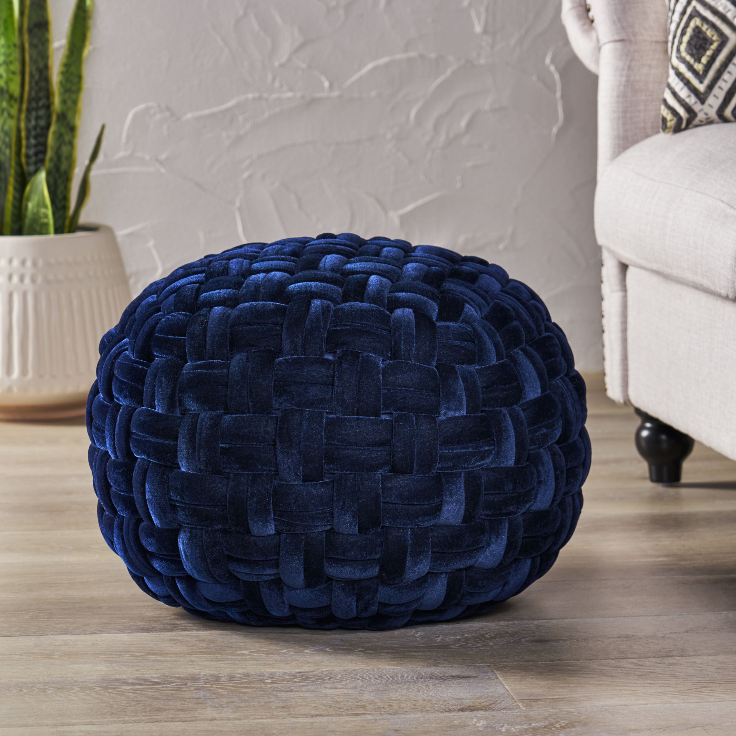 Colerain Modern Glam Handcrafted Cable Weave Velvet Round Pouf