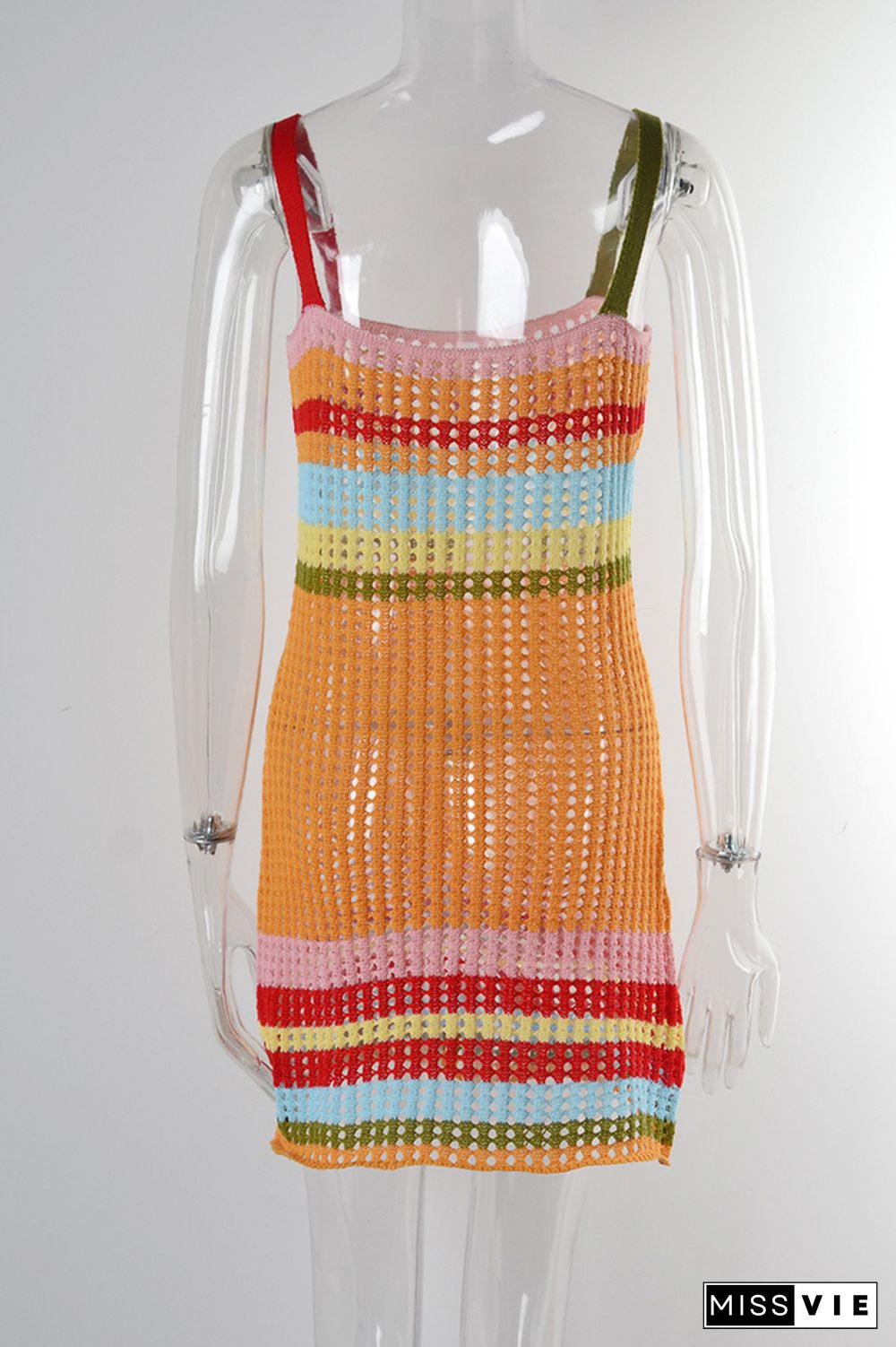 Colorful Striped Hollow Out Cami Beach Dress