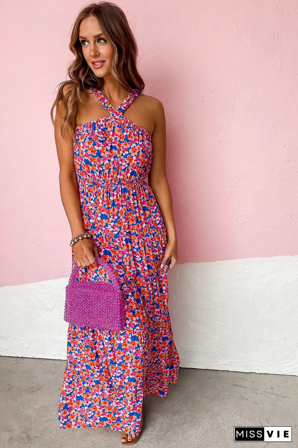 Red Floral Halter Maxi Dress