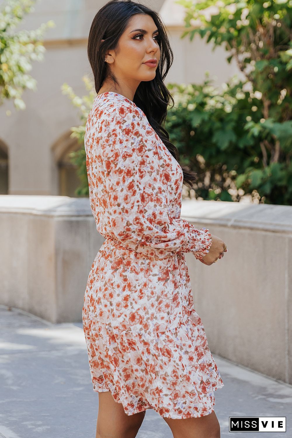 Red Shirred High Waist Floral Mini Dress