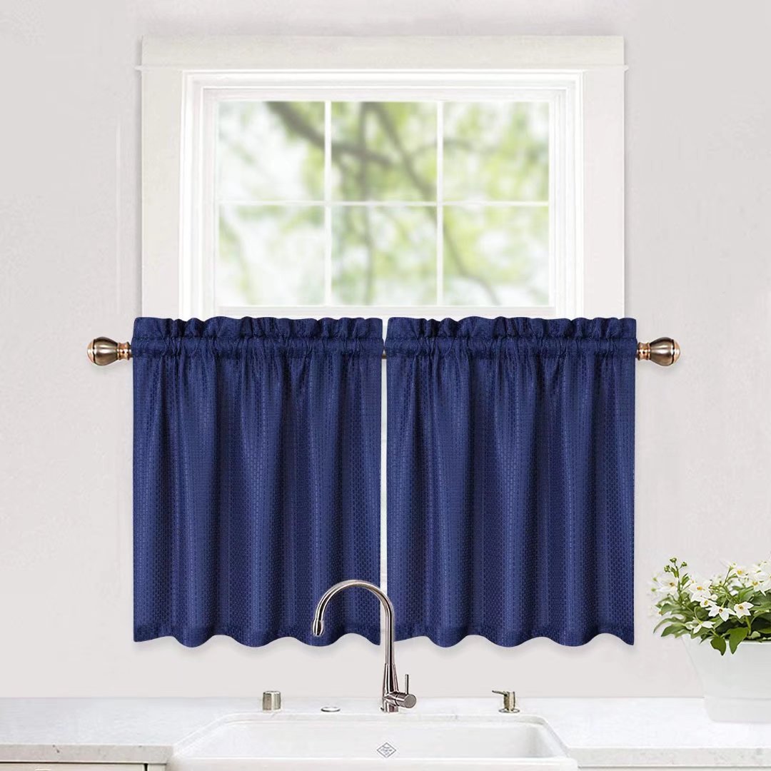 Haperlare 30Wx24L Kitchen Curtains Waffle Weave Waterproof Valances Light Filtering Rod Pocket Cafe Curtains, Navy Blue, 2 Panel