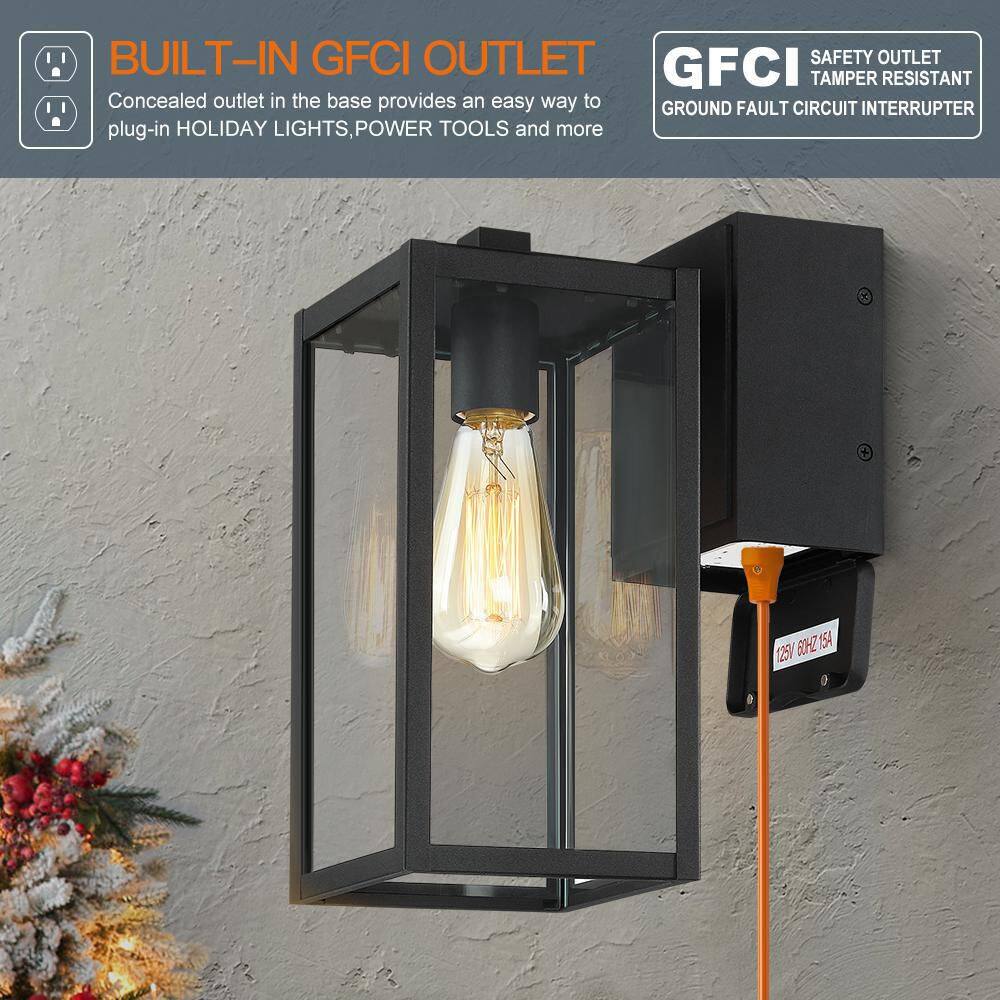 TRUE FINE Trevot 1-Light 12 in. Black Outdoor Wall Lantern Sconce with Built-In GFCI Outlets TD130001OT