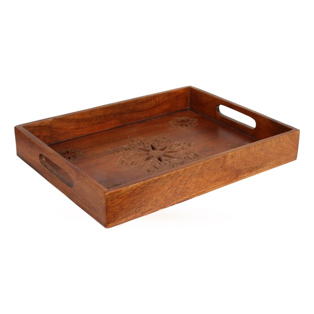 Mela Artisans Decorative Wood Serving Tray With Handles In Medium Polish Finish large