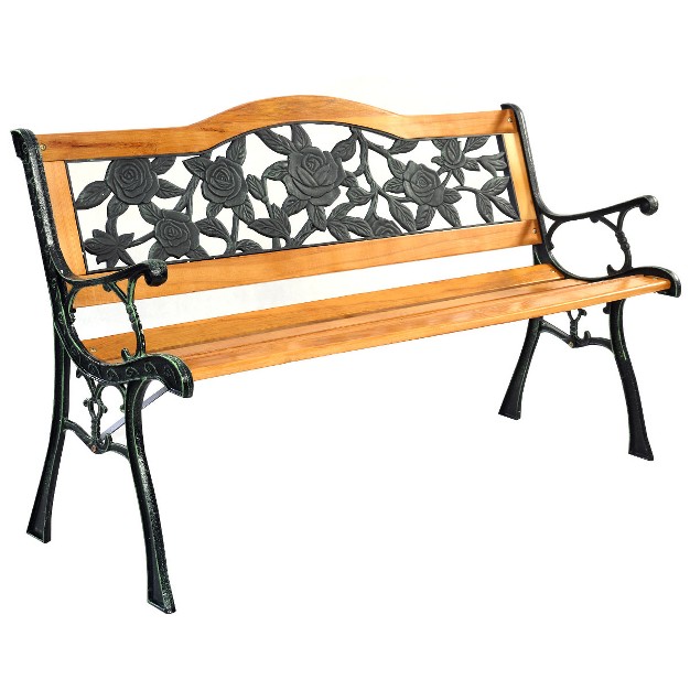 Tangkula Garden Cast Iron Bench Porch Path Loveseat Hardwood Chair For Patio Park