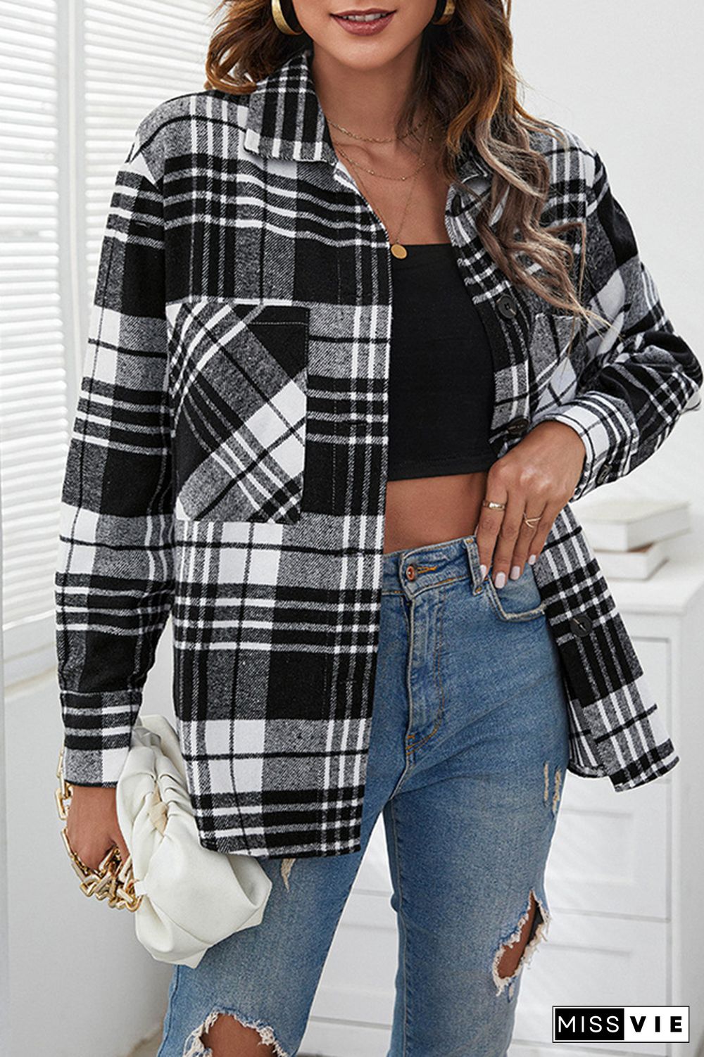 Loose Plaid Turn-down Collar Button Shacket Jacket Wholesale