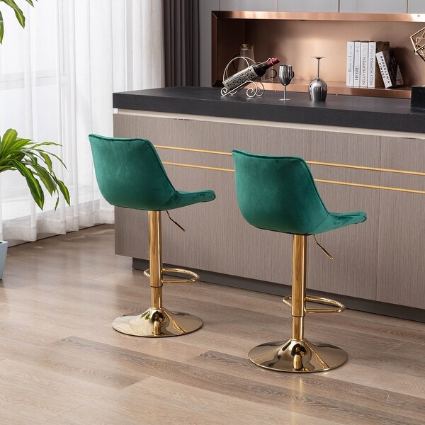 Set of 2 Bar Stools，With Chrome Footrest and Base Swivel Height Adjustable Mechanical Lifting Velvet， Golden Leg