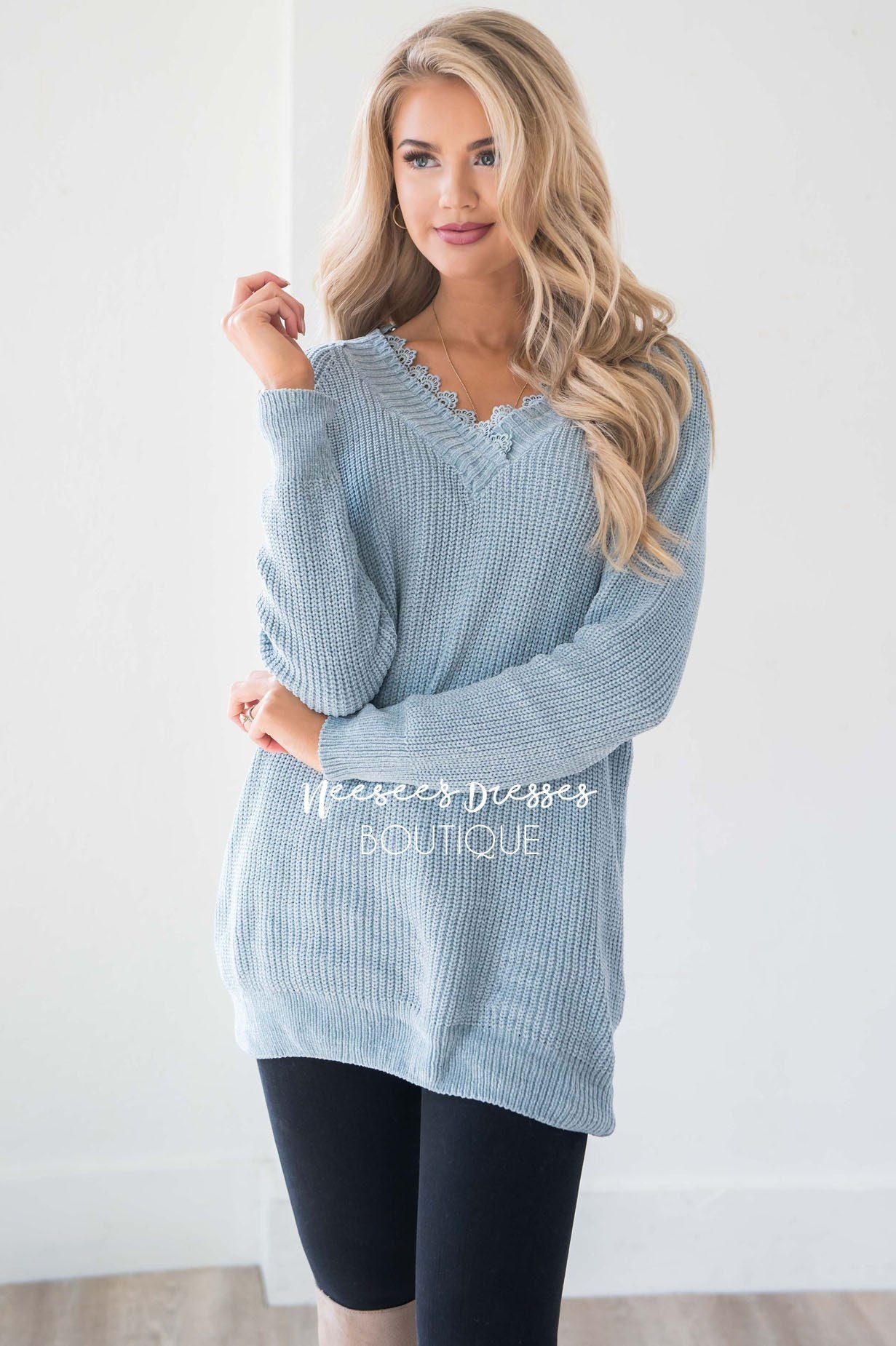 Chenille Knit V-Neck Lace Trim Sweater