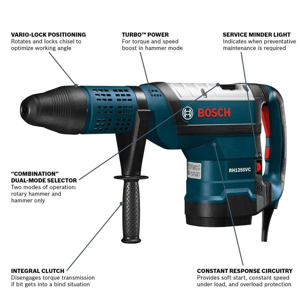 Bosch 15 Amp 2 in. Corded Variable Speed SDS-Max Concrete/Masonry Rotary Hammer Drill with Carrying Case RH1255VC