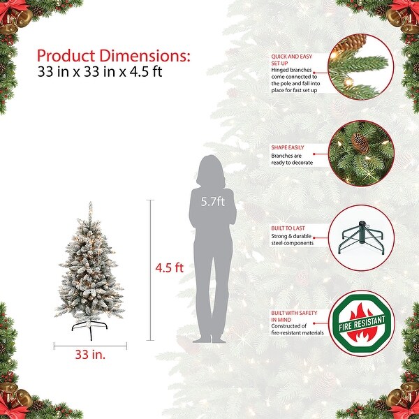 4.5 Foot Christmas Tree，PreLit Flocked Bennington Fir Artificial Christmas Tree with 150 ULListed Clear Lights，Snow Tree