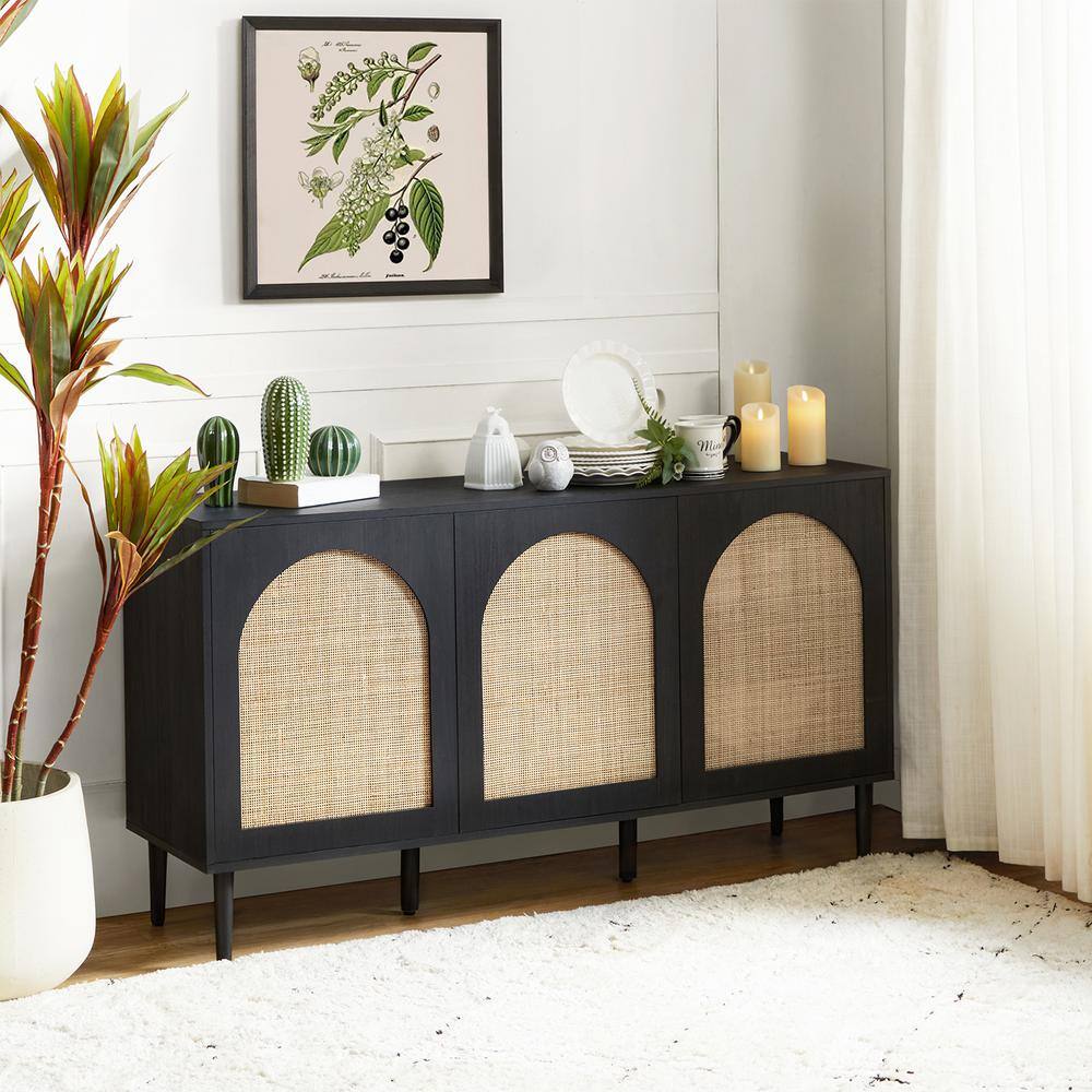 JAYDEN CREATION Mercury Contemporary 56 in. Wide Rattan 3-Doors Oak Storage Sideboard with adjustable legs and Shelves-Black TVSBSD0505-BLACK