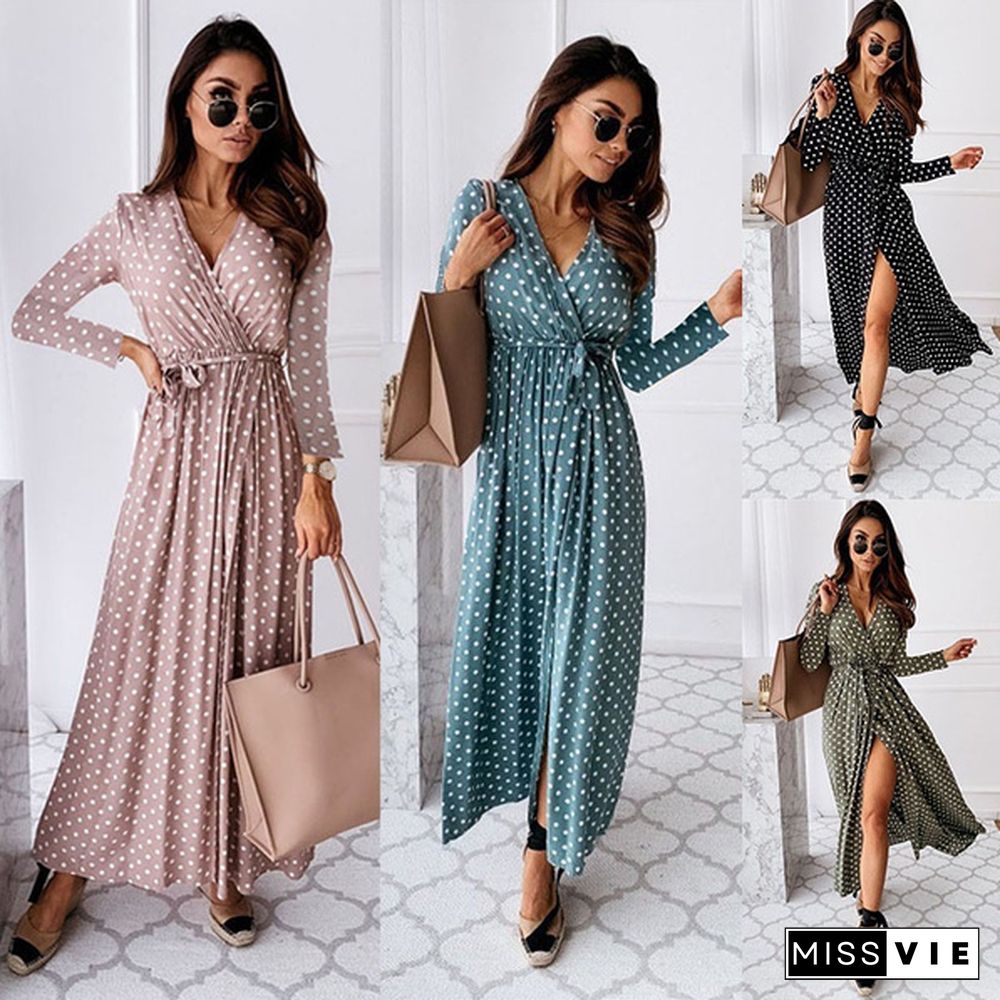 Women Fashion V Neck Long Sleeves Lace Up Split Polka Dot Print Long Dress Holiday Beach Boho Dress Maxi Dresses