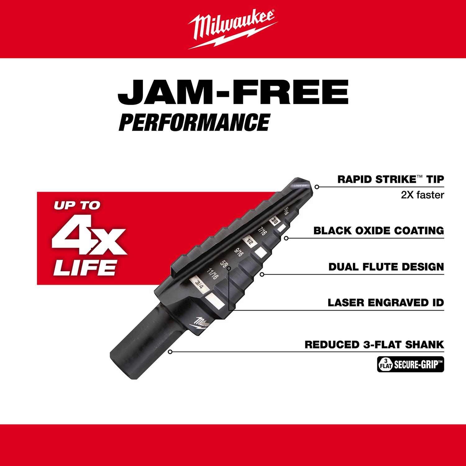 MW JAM-FREE 1/4 to 3/4 in. X 6 in. L Black Oxide Step Drill Bit 1 pc